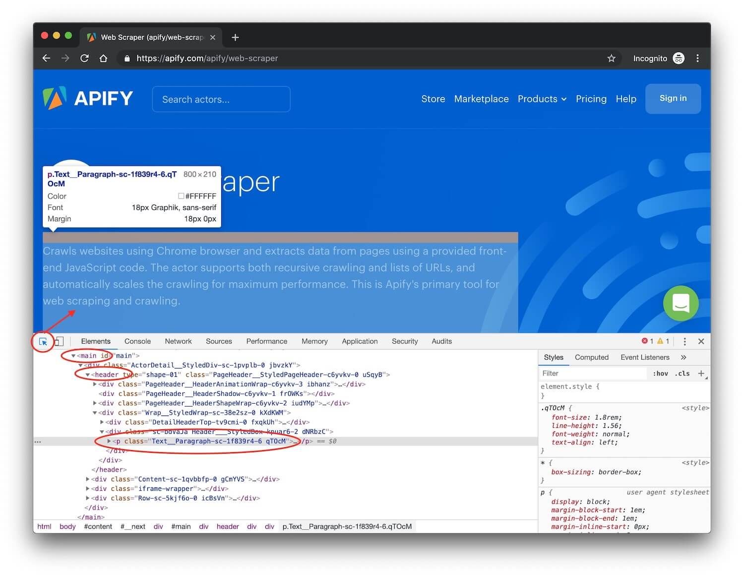 DevTools showing the description span element inside the header