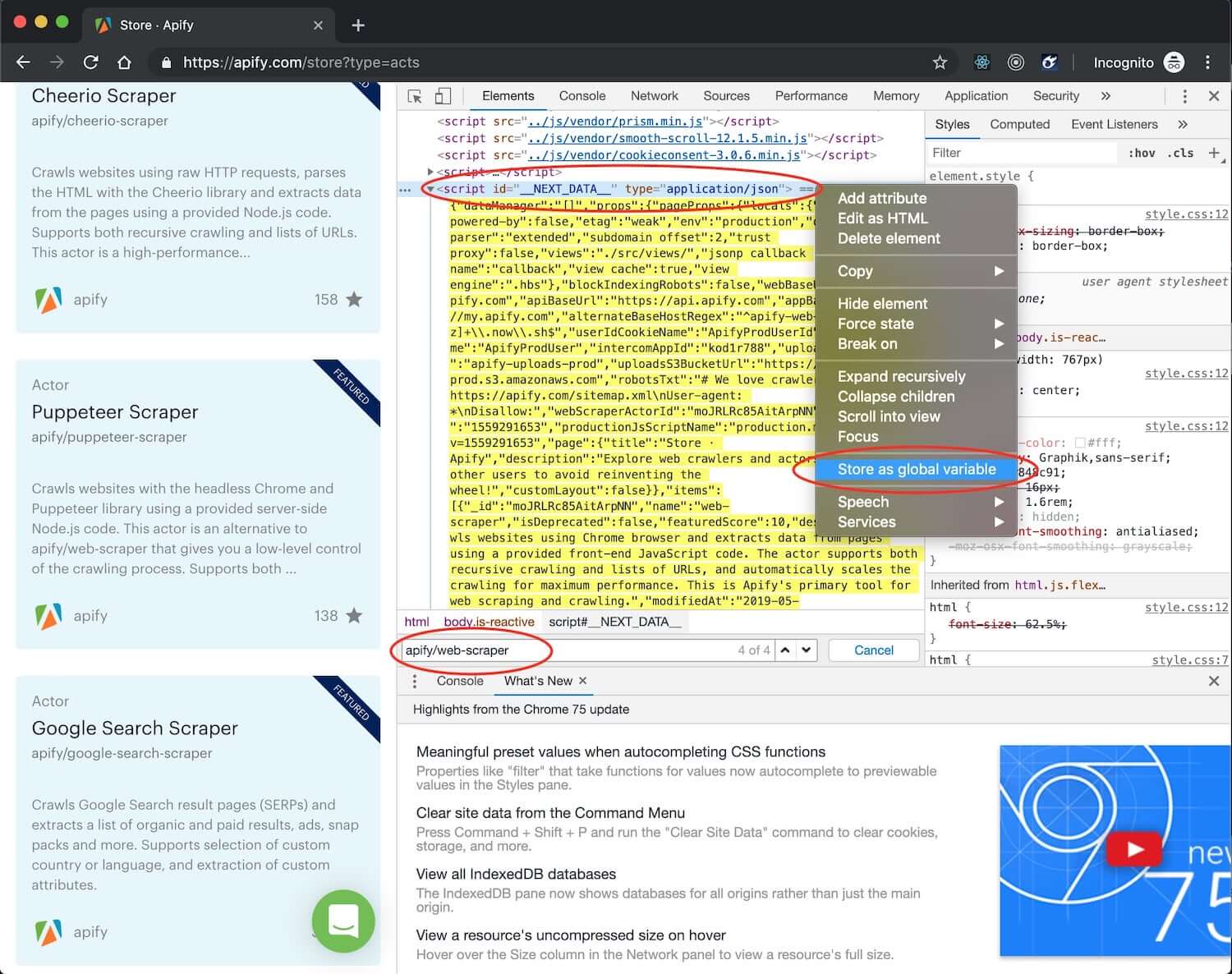 DevTools Elements tab showing the NEXT_DATA script tag with Actor data