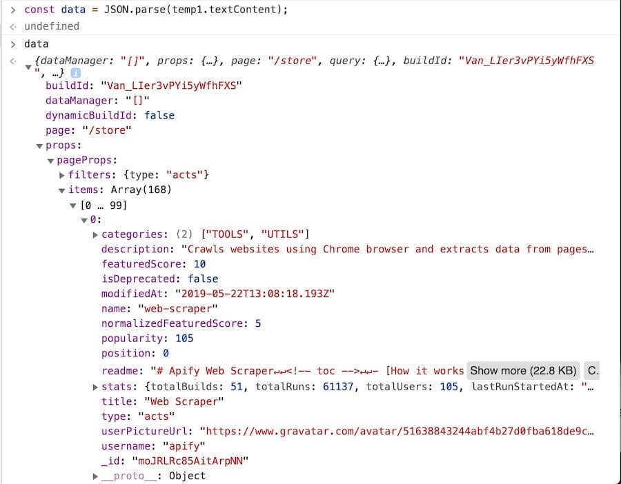 DevTools Console showing parsed Actor data from the NEXT_DATA object