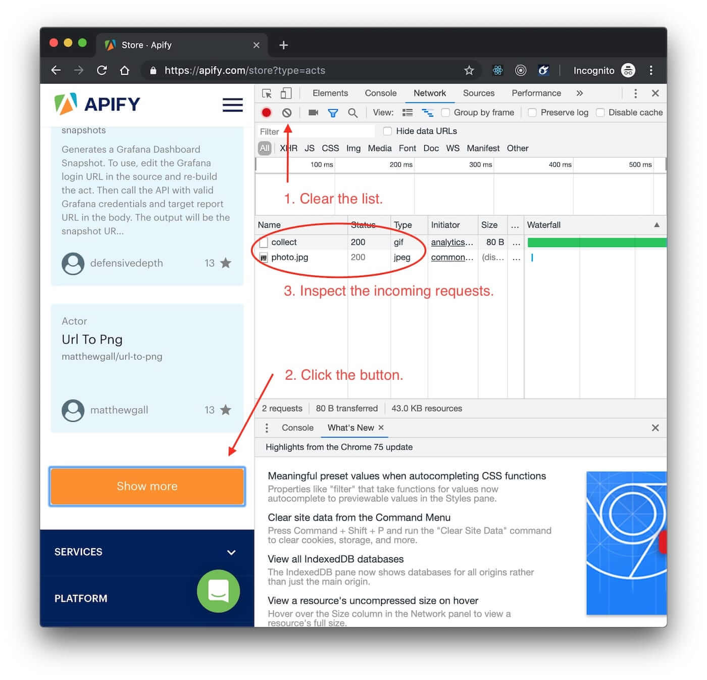 DevTools Network tab showing requests after clicking Show more