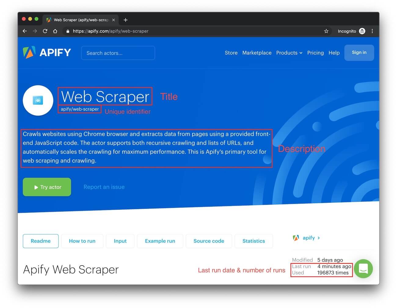 Actor detail page in Apify Store showing the data points to scrape