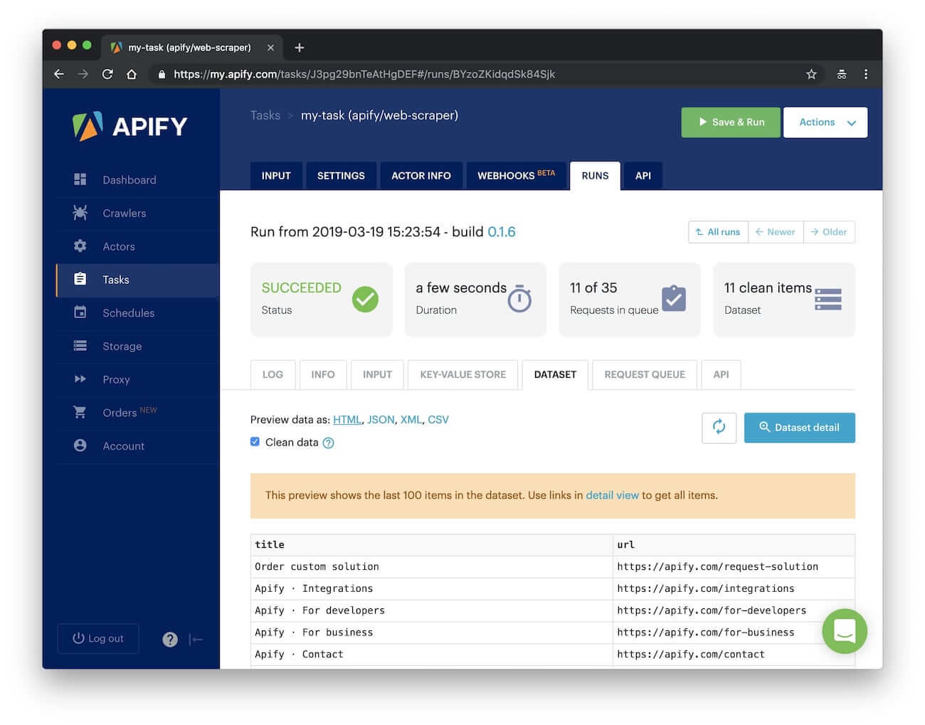 Run detail page showing scraped results in the Dataset tab