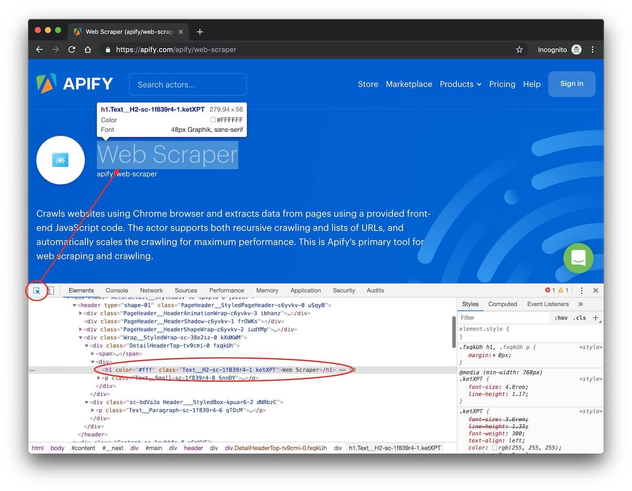 DevTools showing the title h1 element inside the header tag
