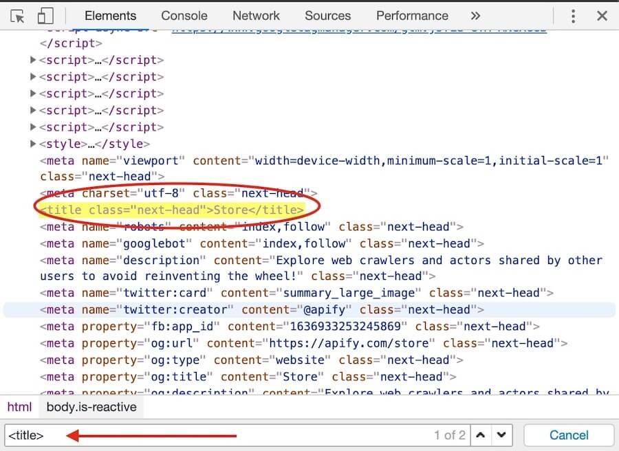 Chrome DevTools Elements tab with search results for title