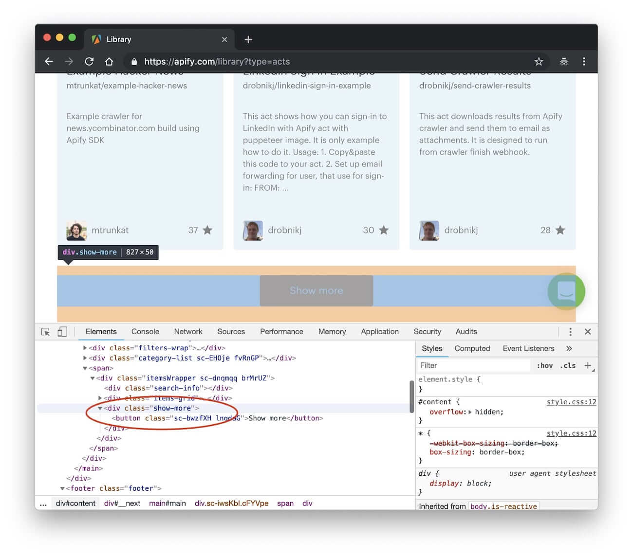 DevTools confirming the Show more button selector